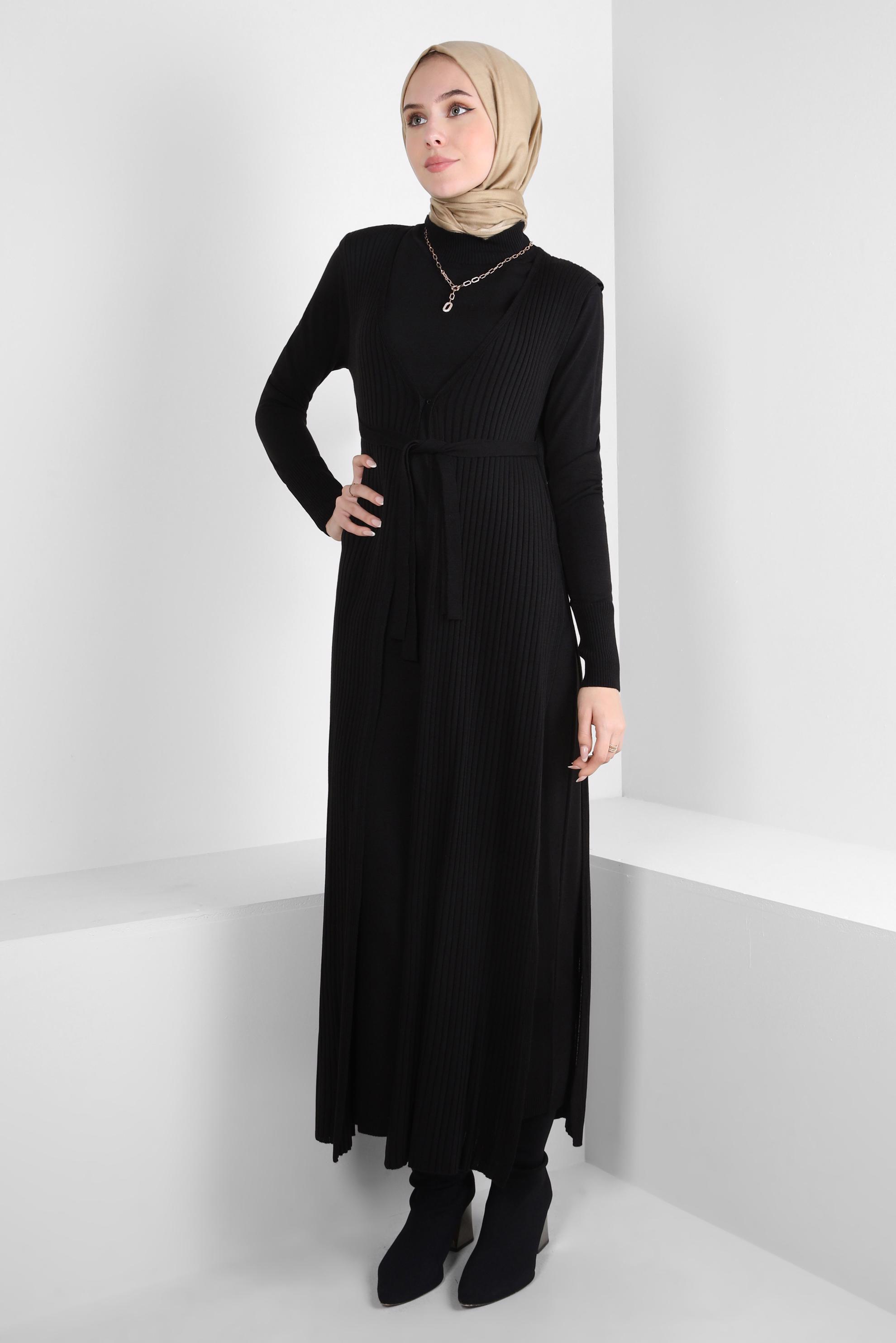 Vêtements hijab NOIR ROBE EN TRICOT CEINTURE AVEC GILET 44029