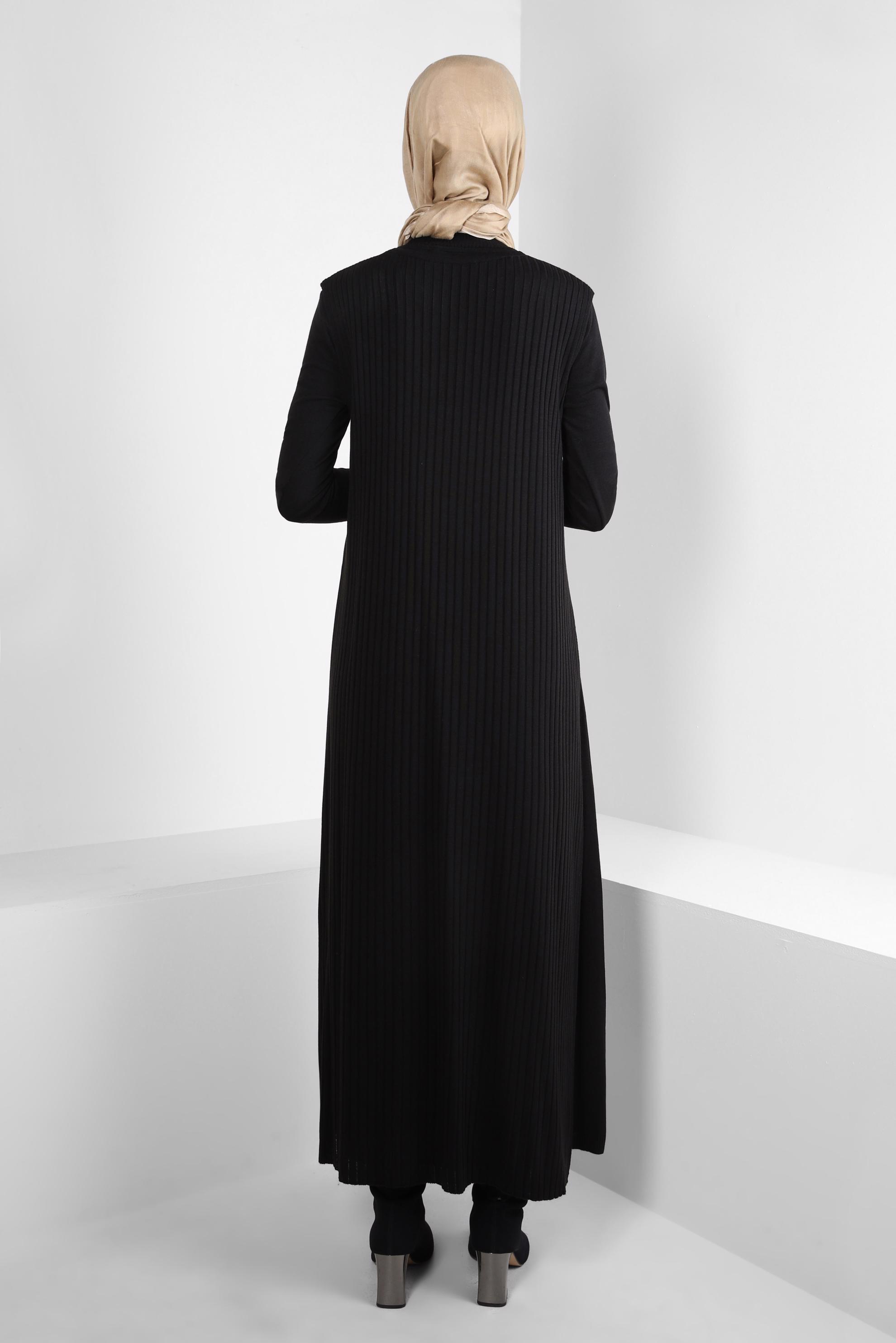 Vêtements hijab NOIR ROBE EN TRICOT CEINTURE AVEC GILET 44029