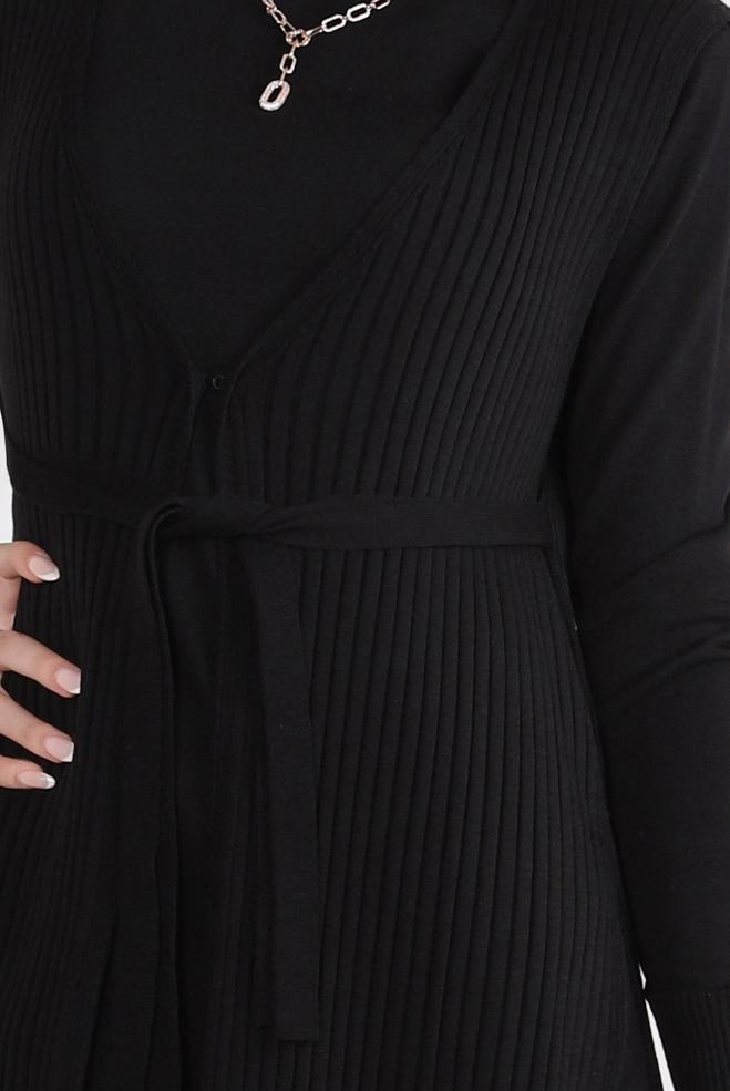 Hijab clothing BLACK BELTED KNITWEAR DRESS WITH VEST 44029 - ALVİNA