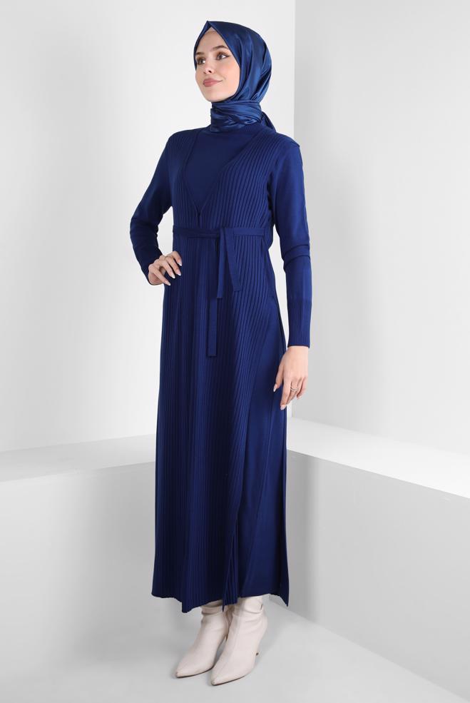 Hijab clothing NAVY BLUE BELTED KNITWEAR DRESS WITH VEST 44029 - ALVİNA