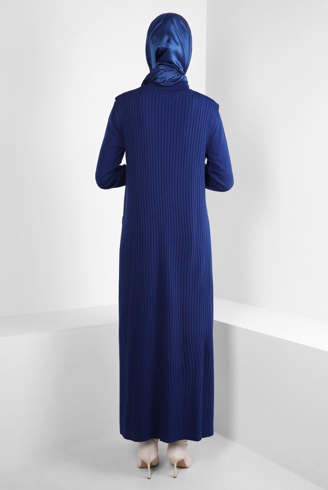 Hijab clothing NAVY BLUE BELTED KNITWEAR DRESS WITH VEST 44029 - ALVİNA