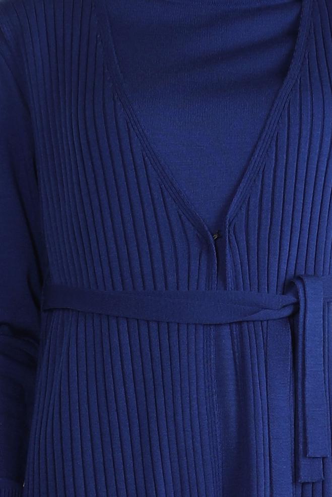 Hijab clothing NAVY BLUE BELTED KNITWEAR DRESS WITH VEST 44029 - ALVİNA