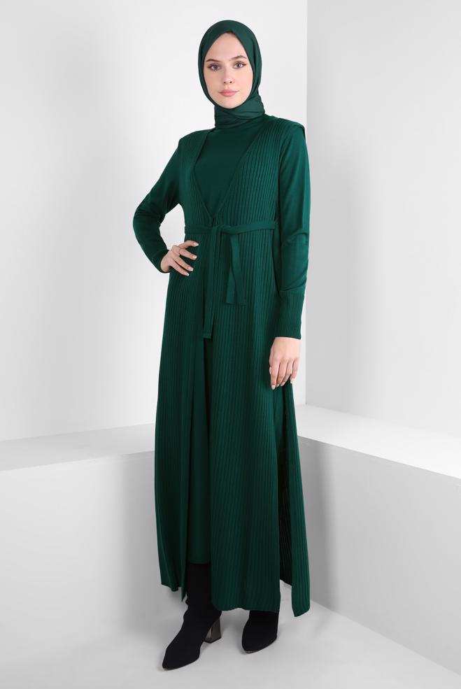 Hijab clothing GREEN BELTED KNITWEAR DRESS WITH VEST 44029 - ALVİNA