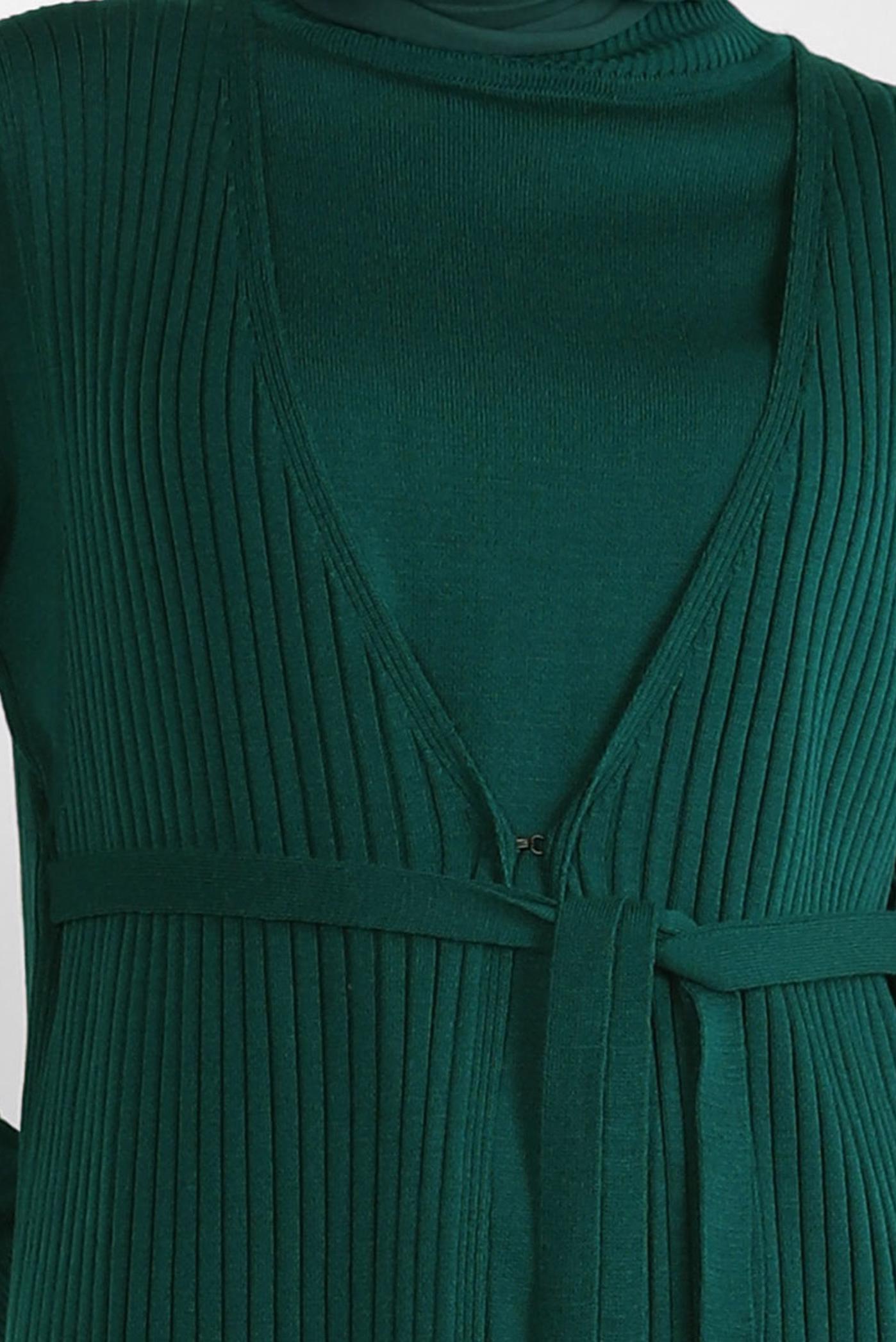 Vêtements hijab VERT ROBE EN TRICOT CEINTURE AVEC GILET 44029