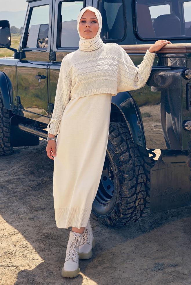 Hijab clothing BEIGE KNITWEAR DRESS SUIT 44090 - ALVİNA