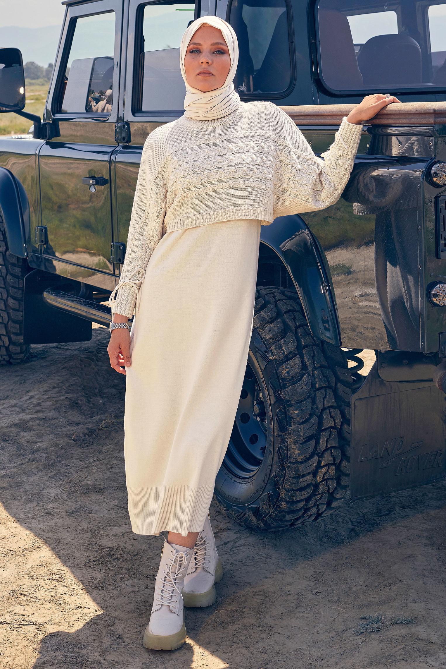 Tesettür giyim BEJ TRİKO İKİLİ ELBİSE TAKIM 44090