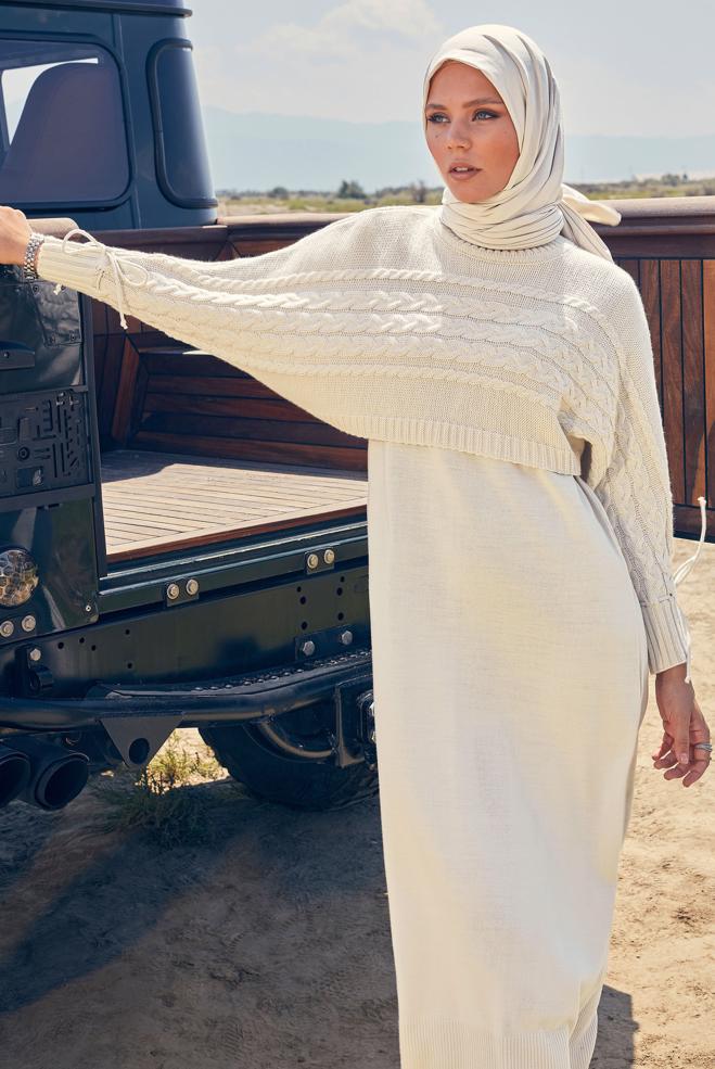 Hijab clothing BEIGE KNITWEAR DRESS SUIT 44090 - ALVİNA