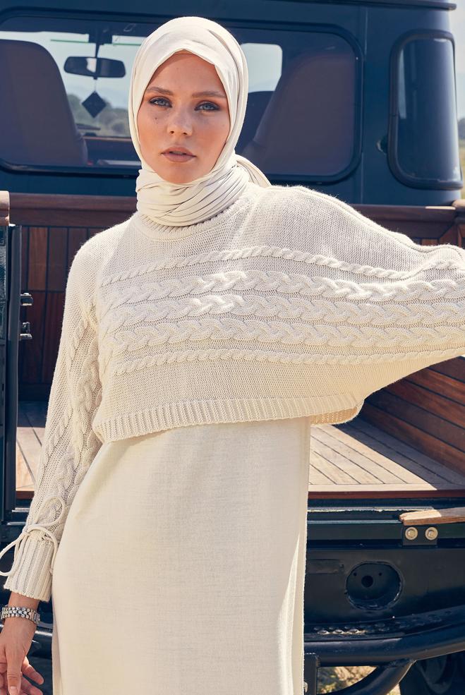 Hijab clothing BEIGE KNITWEAR DRESS SUIT 44090 - ALVİNA