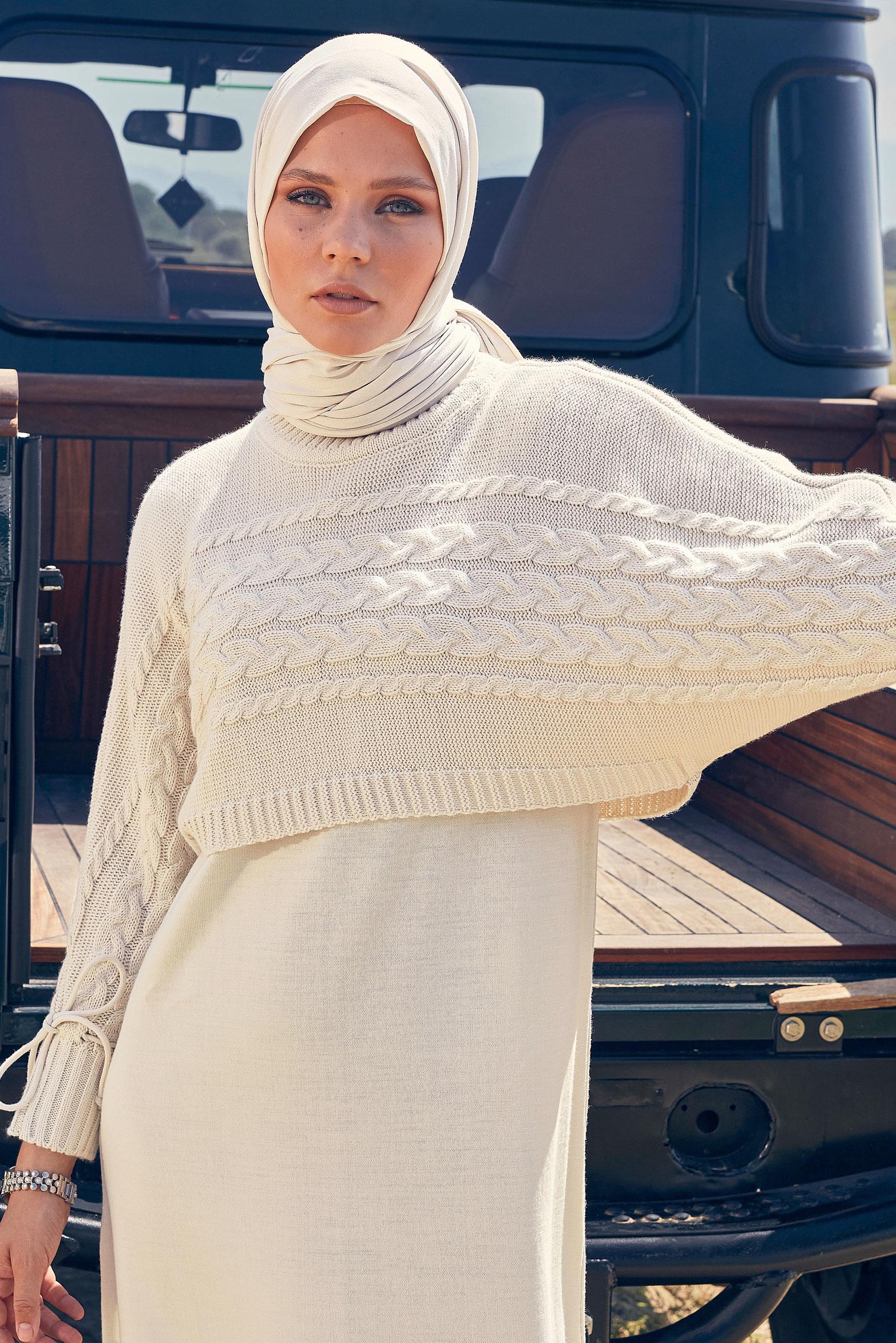 Tesettür giyim BEJ TRİKO İKİLİ ELBİSE TAKIM 44090