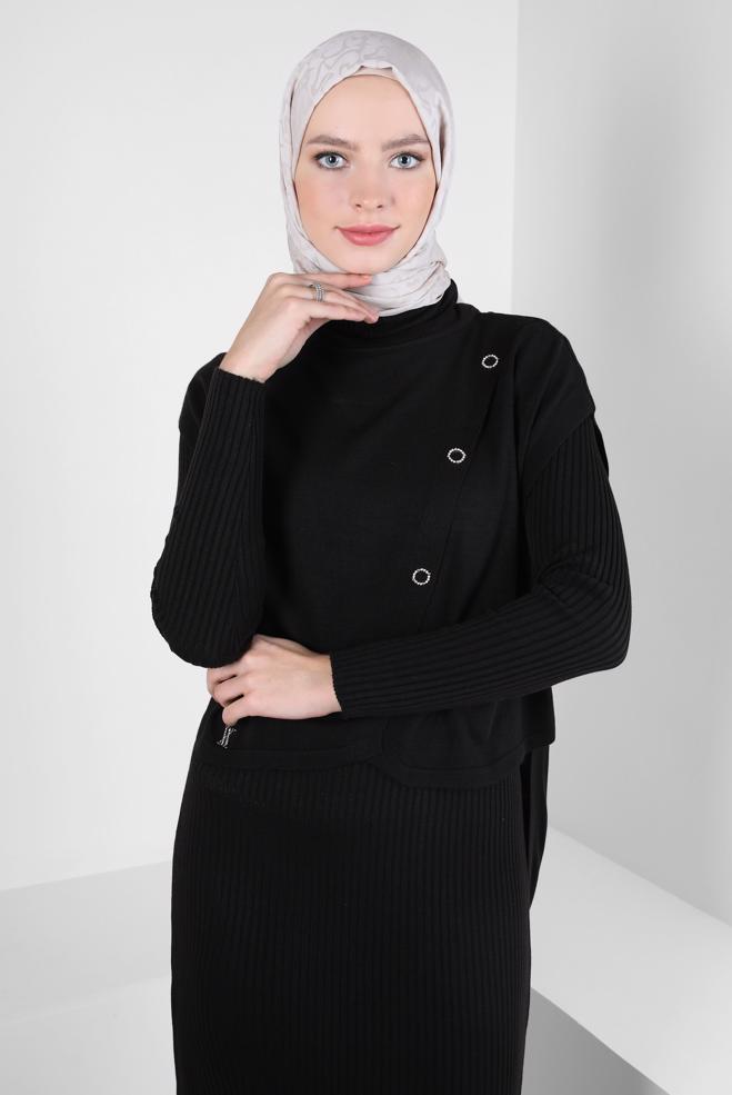 Hijab clothing BLACK KNITWEAR DRESS SUIT 44091 - ALVİNA