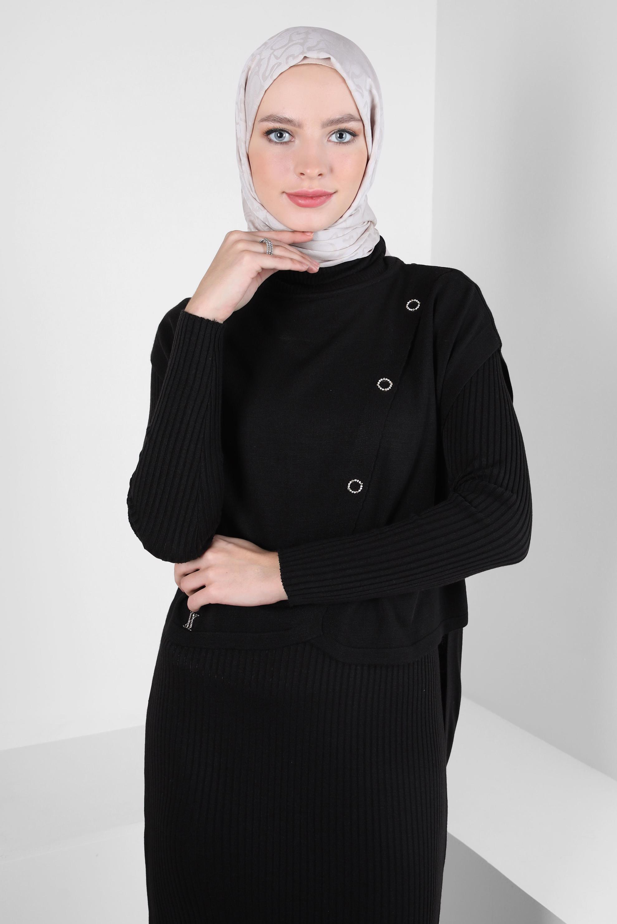 Hijab clothing BLACK KNITWEAR DRESS SUIT 44091