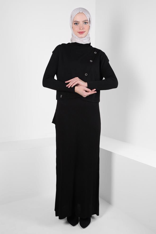 Hijab clothing BLACK KNITWEAR DRESS SUIT 44091 - ALVİNA