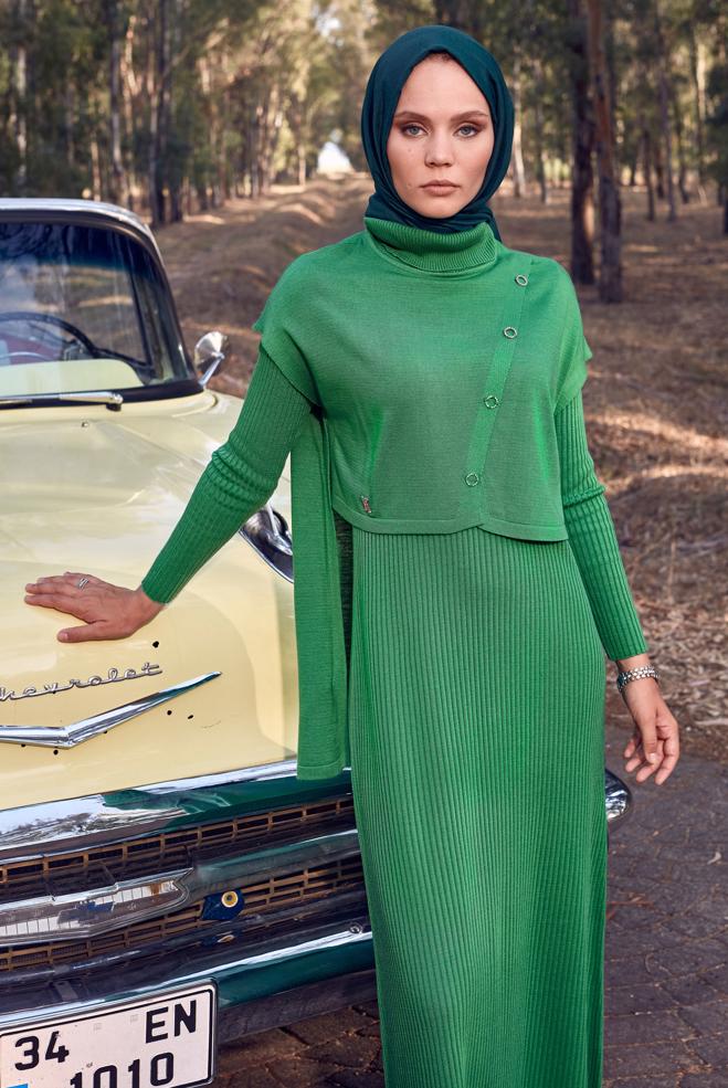 Hijab clothing GREEN KNITWEAR DRESS SUIT 44091 - ALVİNA