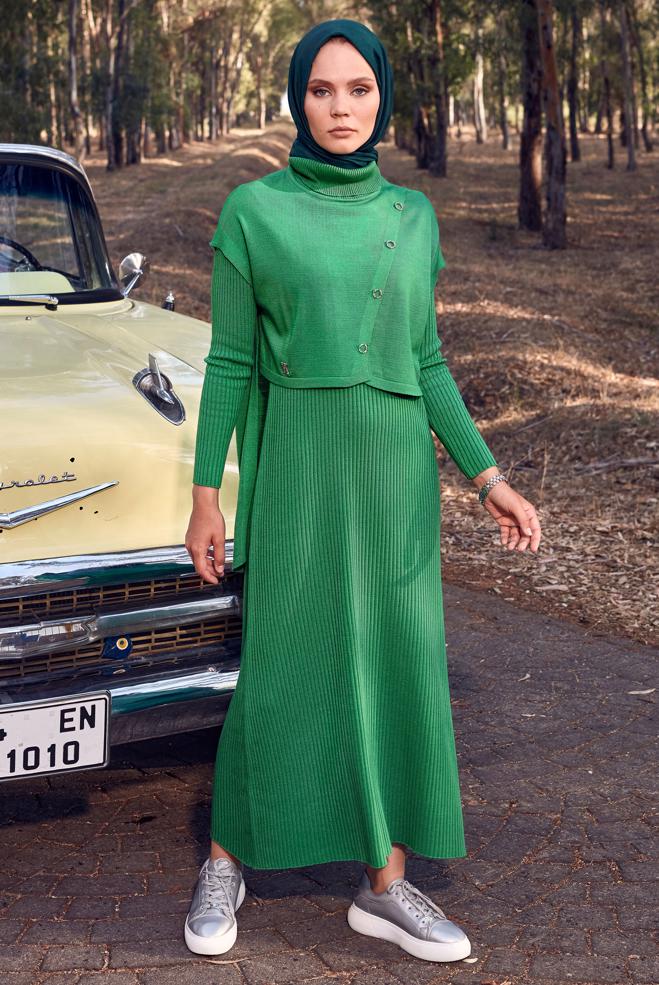 Hijab clothing GREEN KNITWEAR DRESS SUIT 44091 - ALVİNA