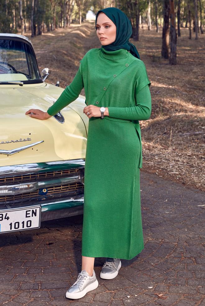 Hijab clothing GREEN KNITWEAR DRESS SUIT 44091 - ALVİNA