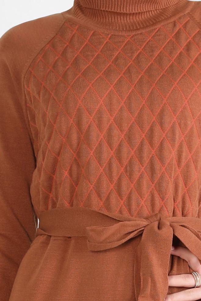 Tesettür giyim TURUNCU KUŞAKLI TRİKO ELBİSE 44093 - ALVİNA