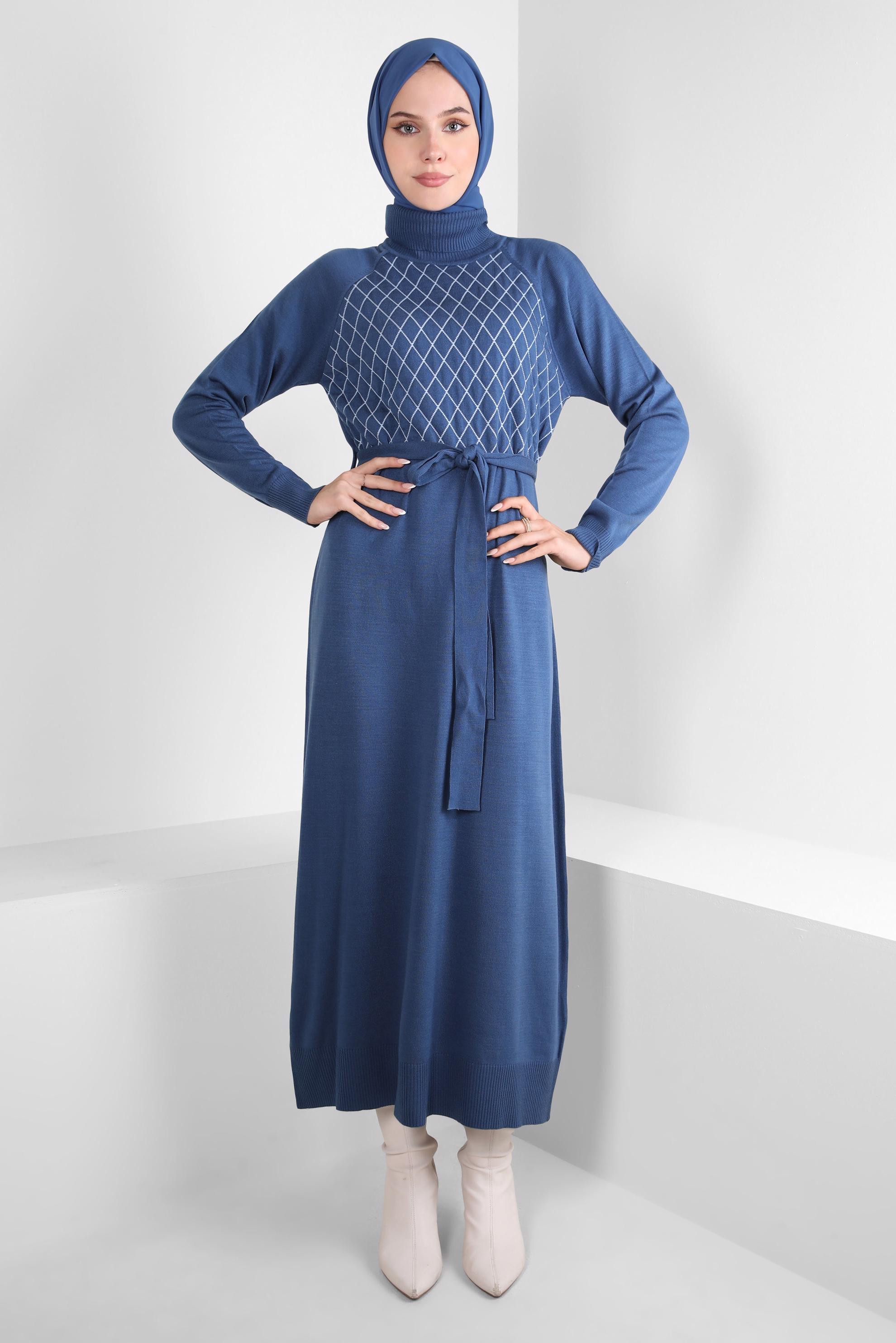Tesettür giyim LACİVERT KUŞAKLI TRİKO ELBİSE 44093