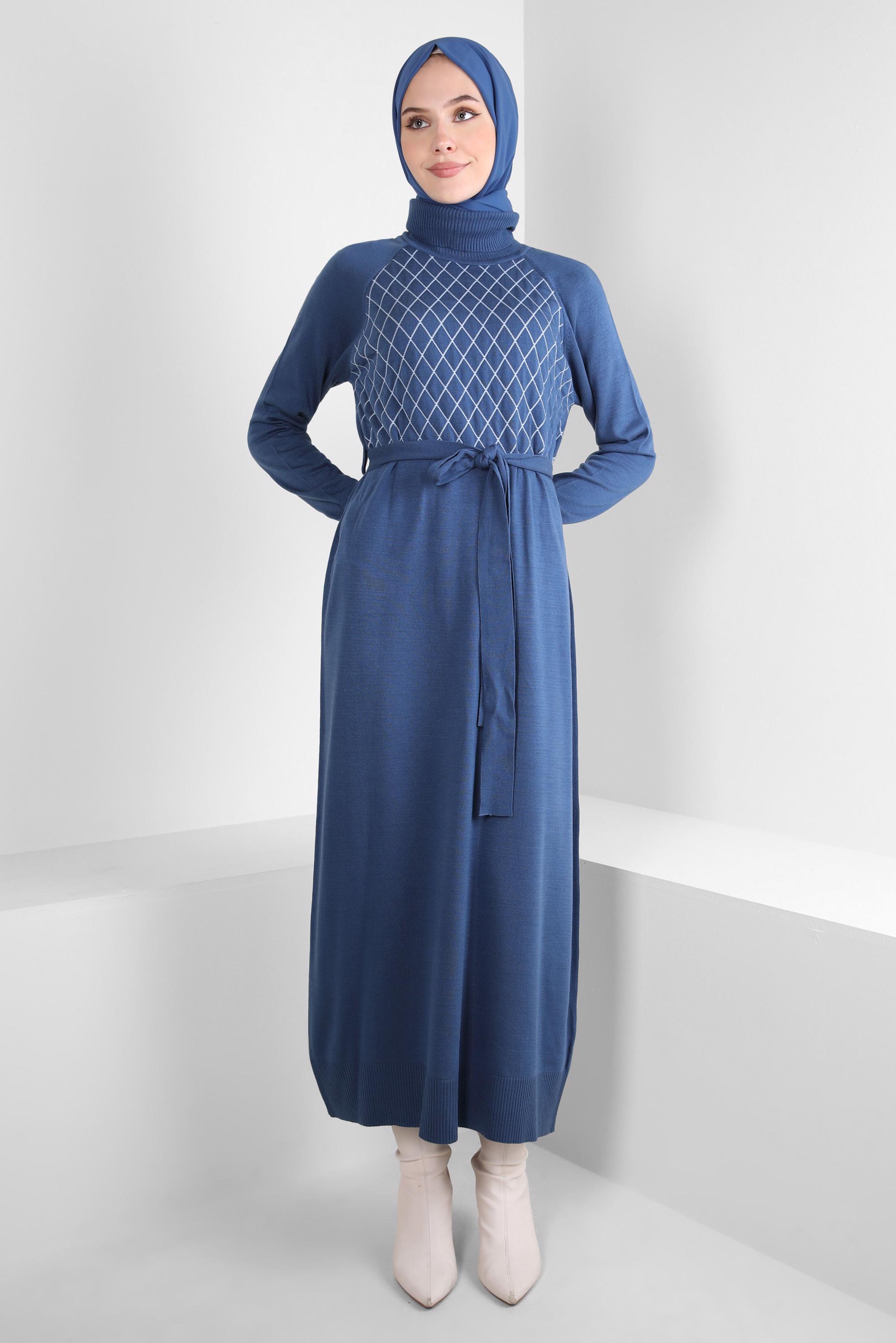 Tesettür giyim LACİVERT KUŞAKLI TRİKO ELBİSE 44093