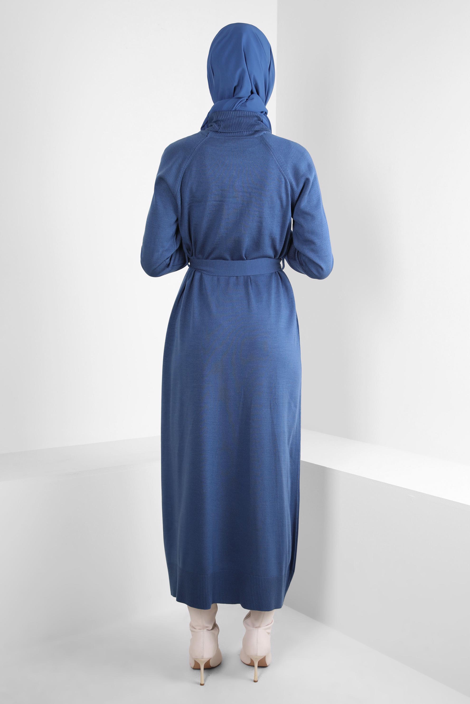 Tesettür giyim LACİVERT KUŞAKLI TRİKO ELBİSE 44093