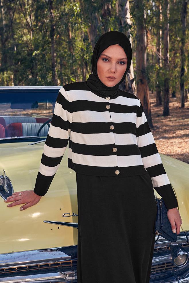 Hijab clothing BLACK STRIPED KNITWEAR DRESS SUIT 44094 - ALVİNA
