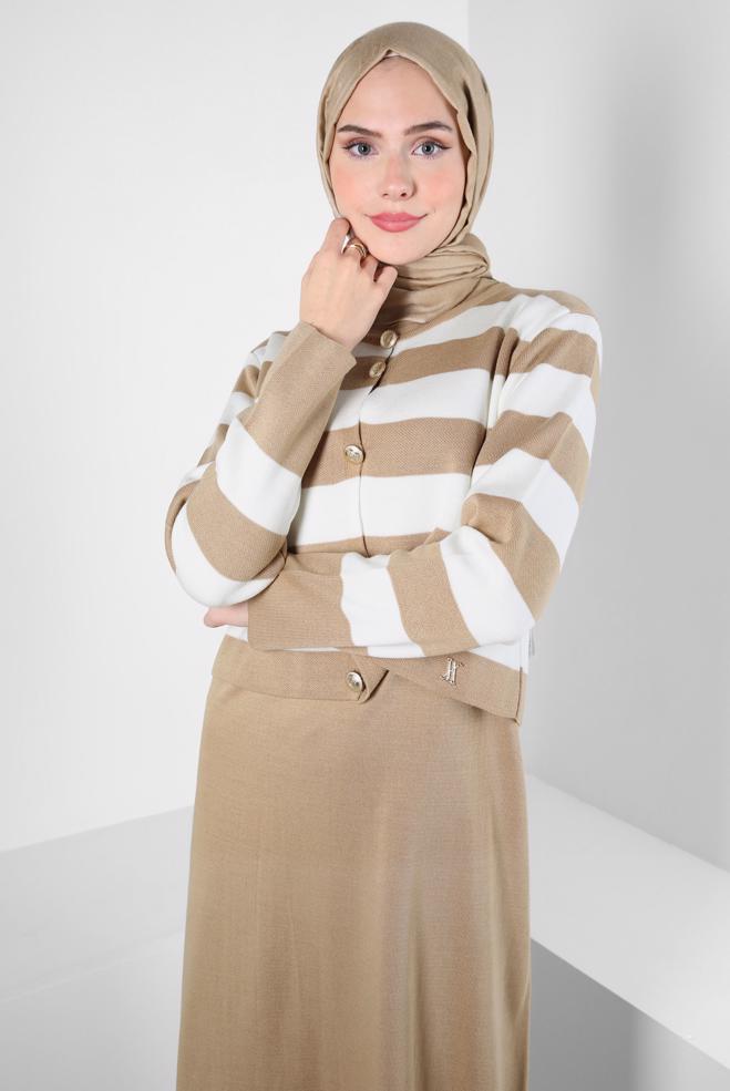 Hijab clothing BROWN STRIPED KNITWEAR DRESS SUIT 44094 - ALVİNA