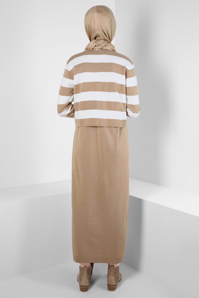 Hijab clothing BROWN STRIPED KNITWEAR DRESS SUIT 44094 - ALVİNA