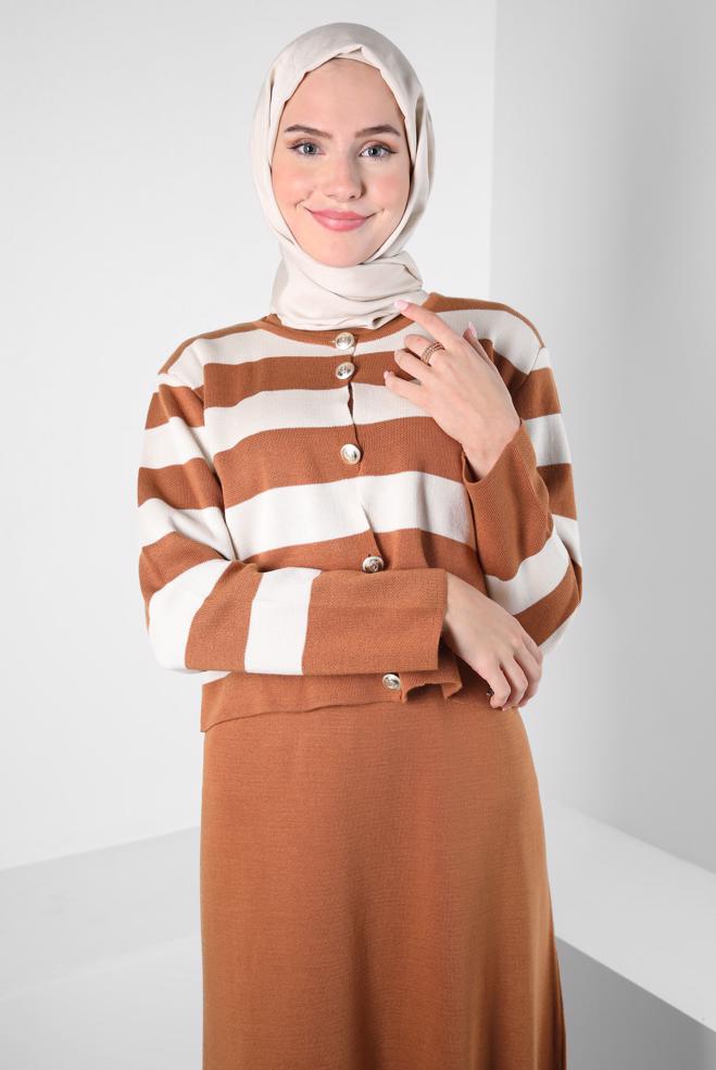 Hijab clothing ORANGE STRIPED KNITWEAR DRESS SUIT 44094 - ALVİNA