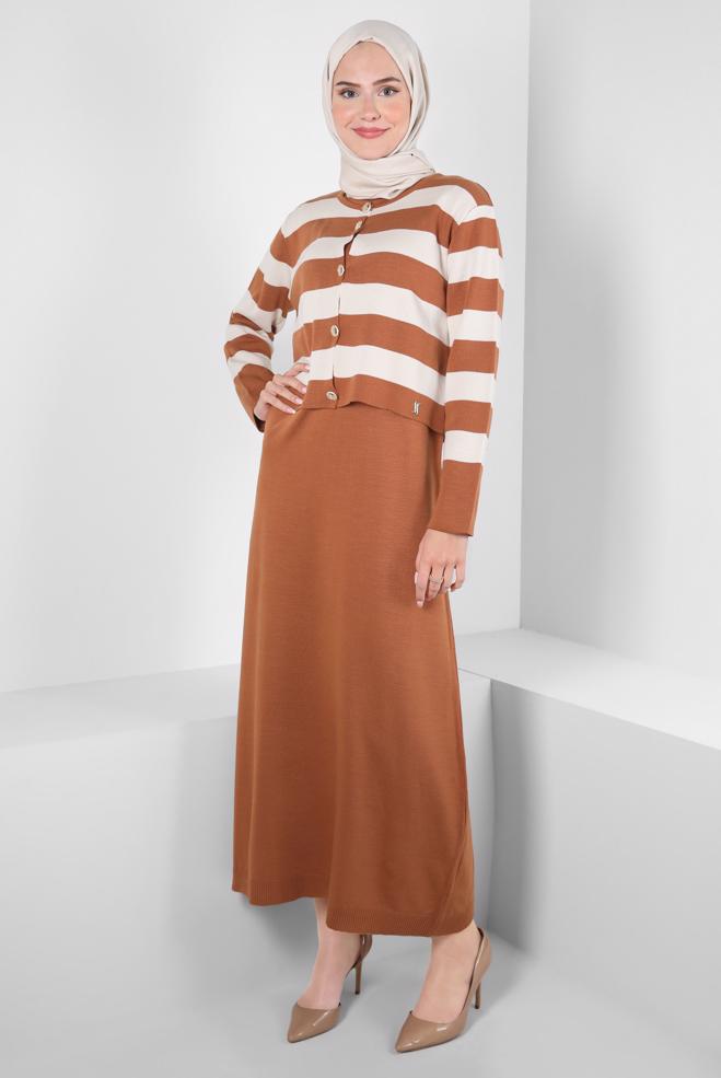 Hijab clothing ORANGE STRIPED KNITWEAR DRESS SUIT 44094 - ALVİNA