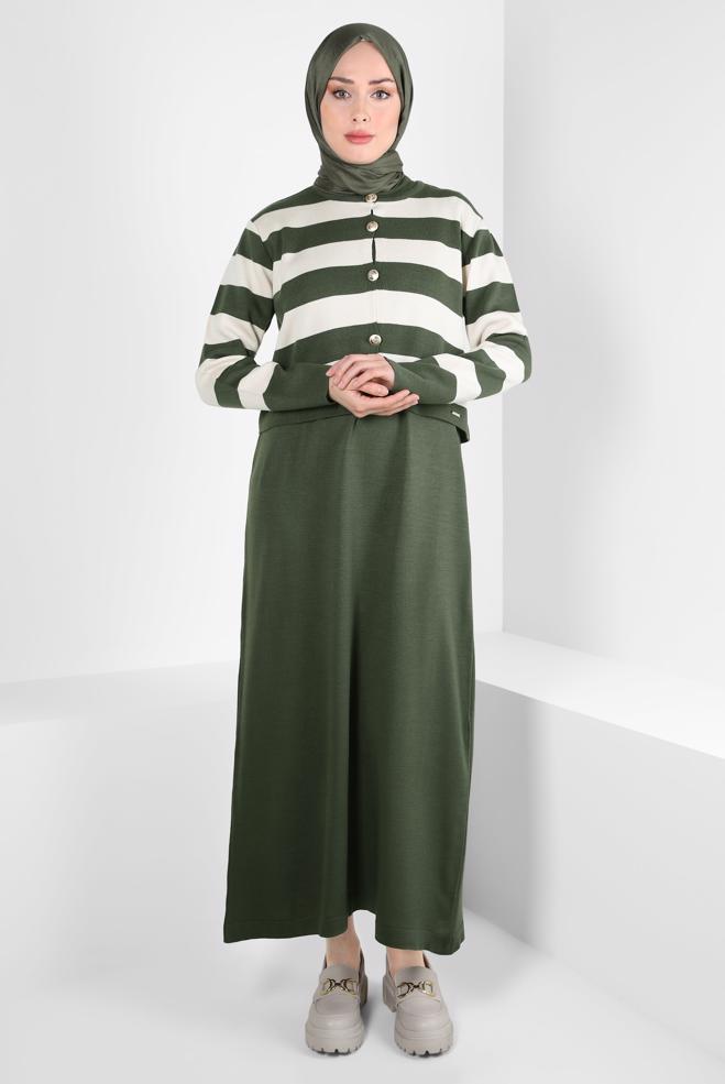 Hijab clothing KHAKI STRIPED KNITWEAR DRESS SUIT 44094 - ALVİNA
