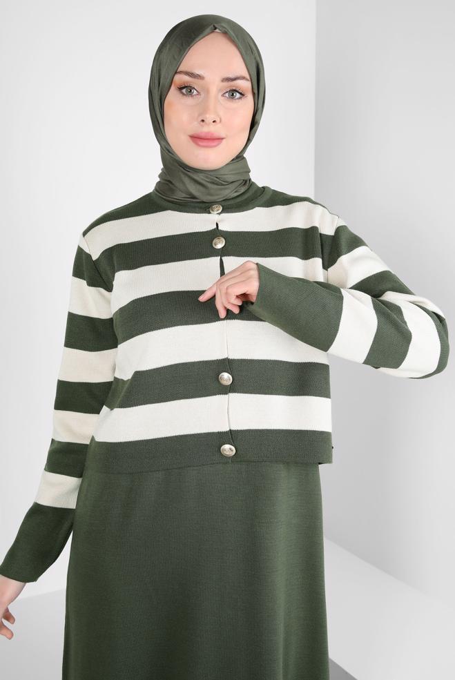 Hijab clothing KHAKI STRIPED KNITWEAR DRESS SUIT 44094 - ALVİNA
