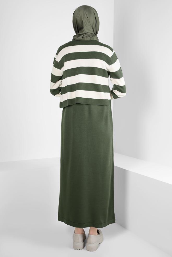 Hijab clothing KHAKI STRIPED KNITWEAR DRESS SUIT 44094 - ALVİNA