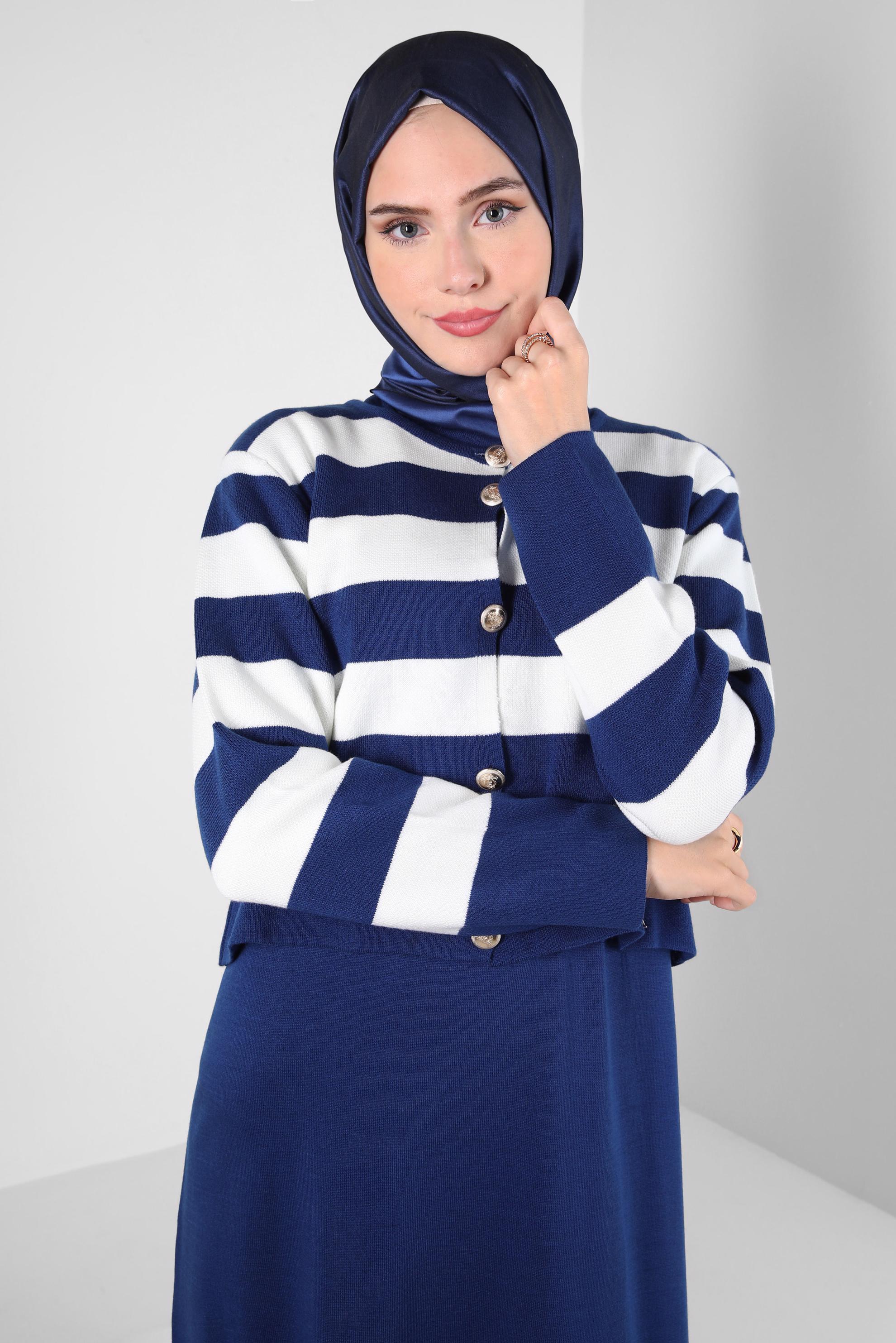 Vêtements hijab BLEU ROBE EN TRICOT À RAYURES 44094