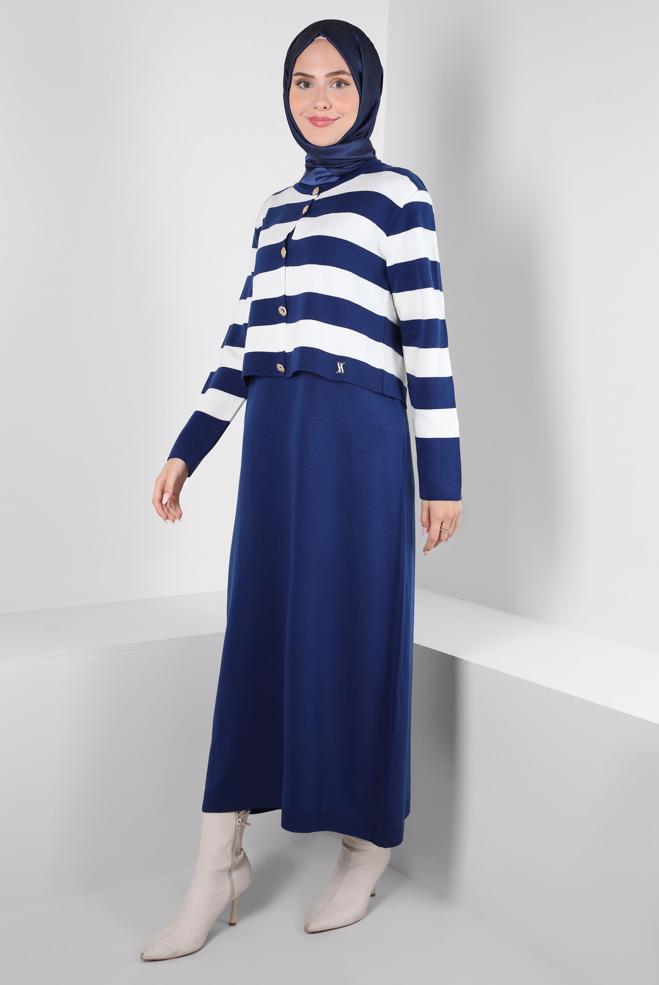 Hijab clothing BLUE STRIPED KNITWEAR DRESS SUIT 44094 - ALVİNA