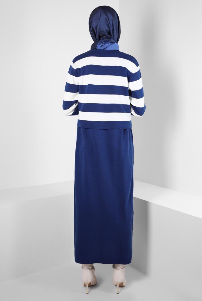 Hijab clothing BLUE STRIPED KNITWEAR DRESS SUIT 44094 - ALVİNA