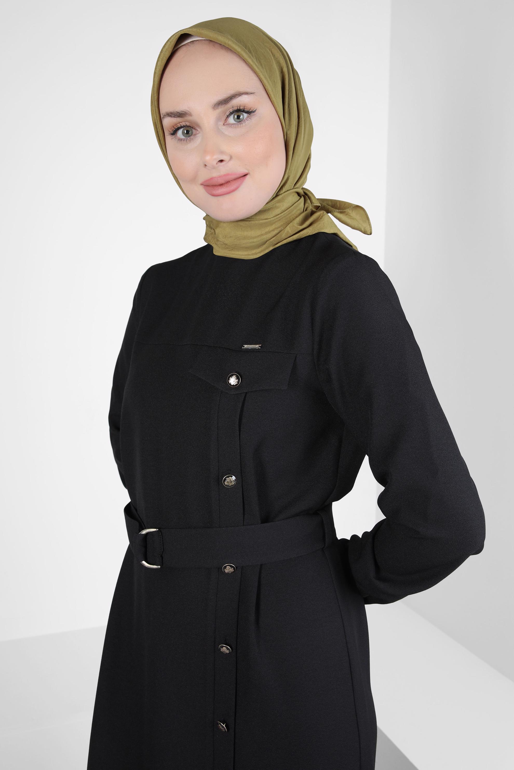 Tesettür giyim SİYAH KEMERLİ KREP ELBİSE 44160