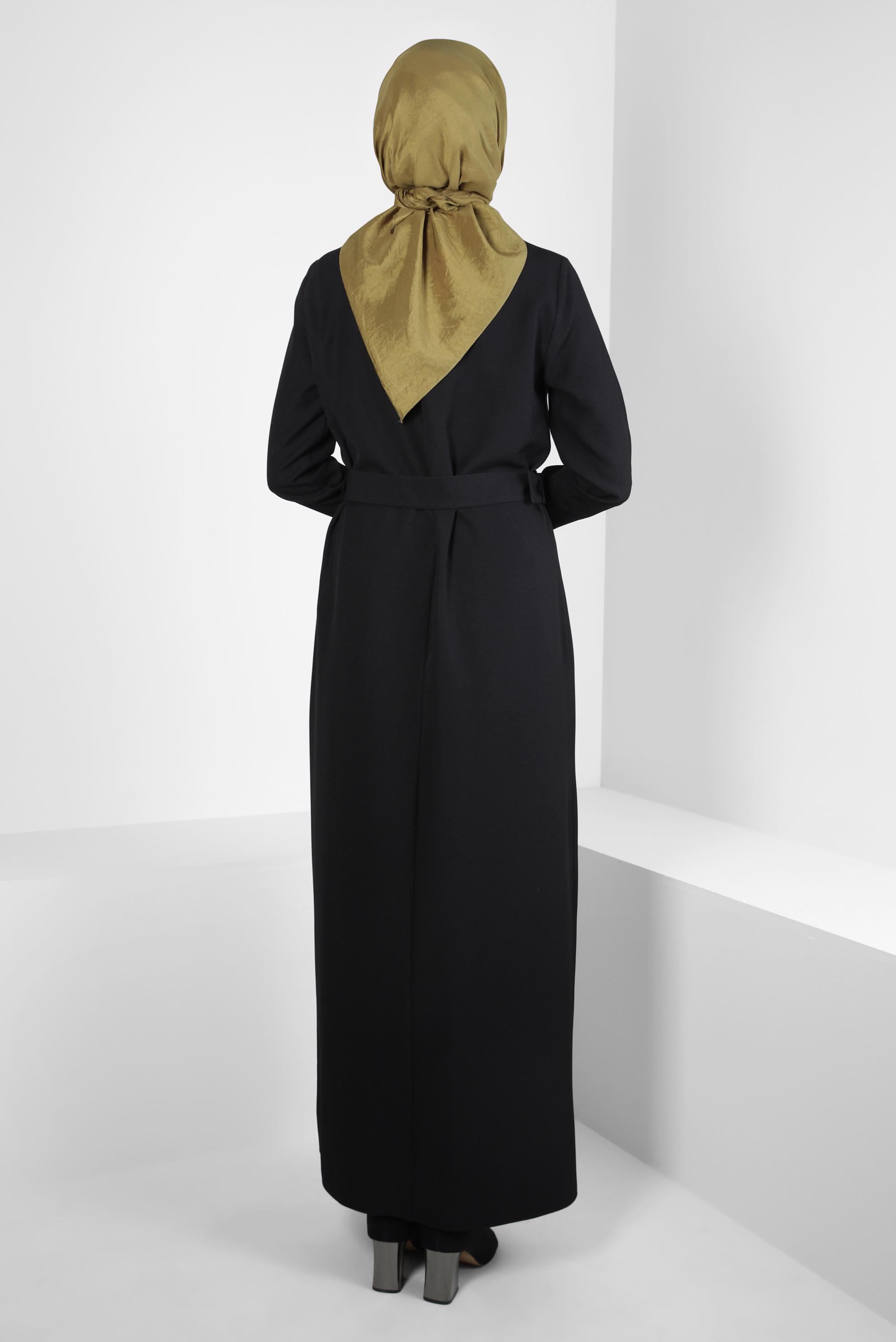 Tesettür giyim SİYAH KEMERLİ KREP ELBİSE 44160