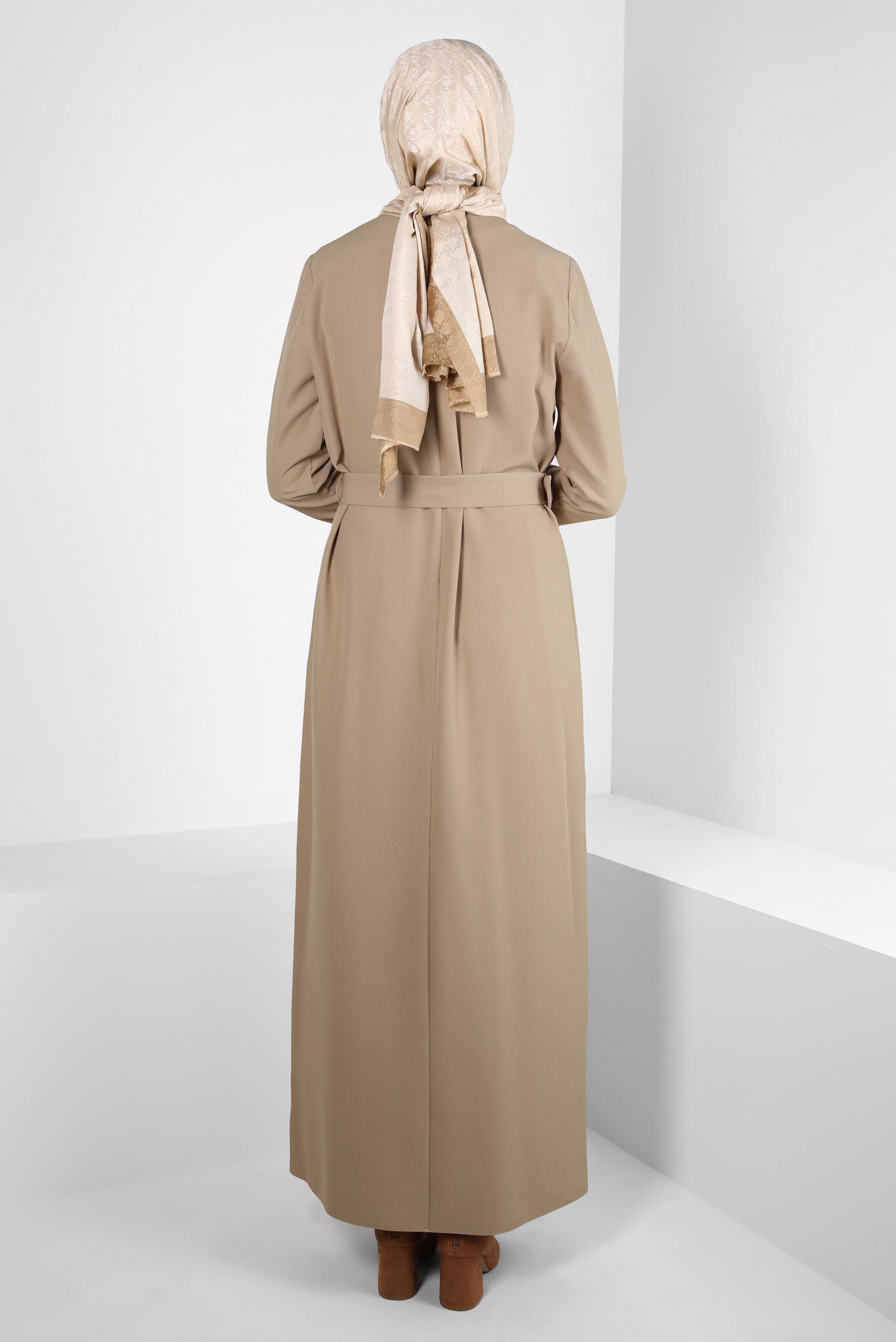 Tesettür giyim KAHVE KEMERLİ KREP ELBİSE 44160