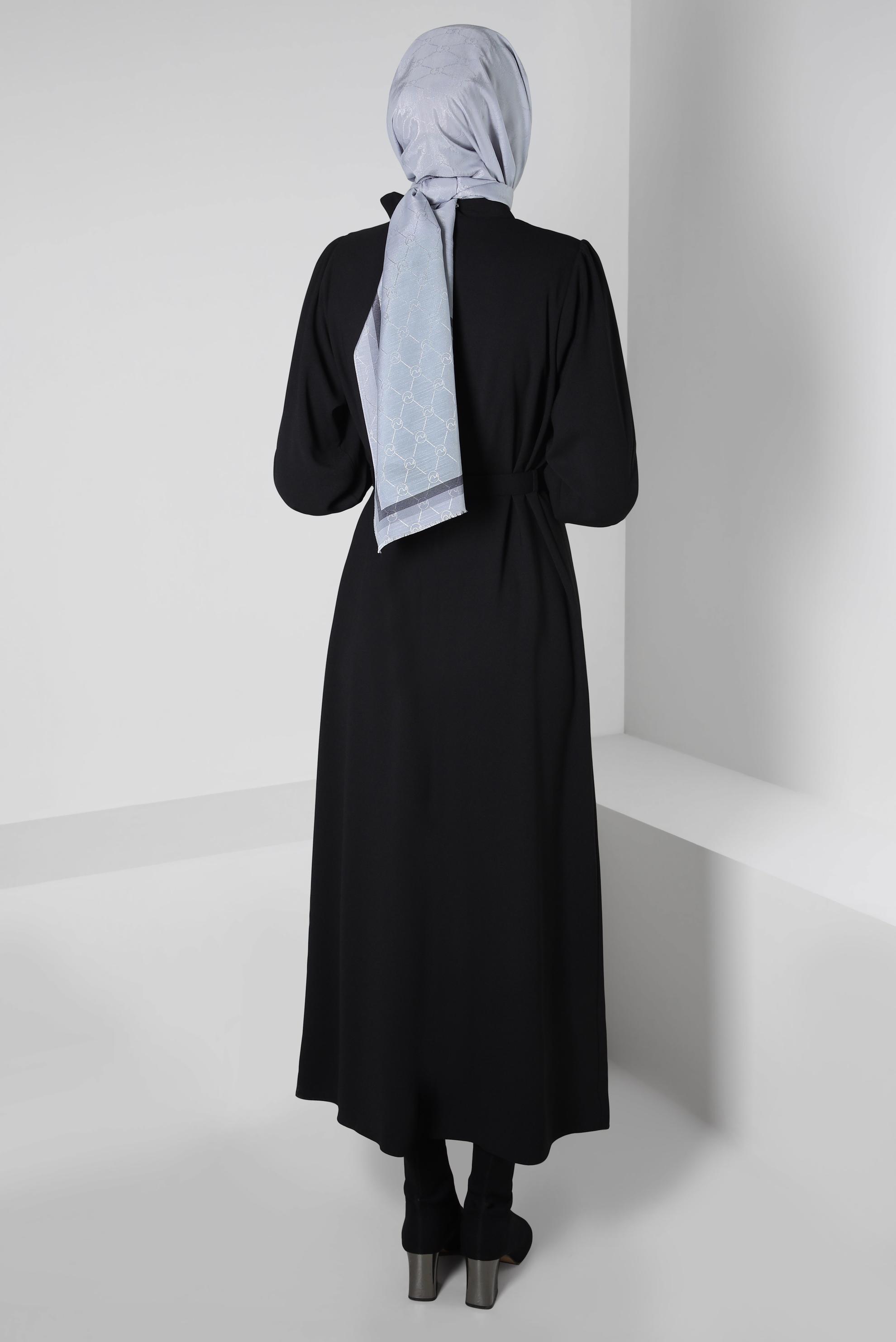 Tesettür giyim SİYAH KEMERLİ KREP ELBİSE 44167