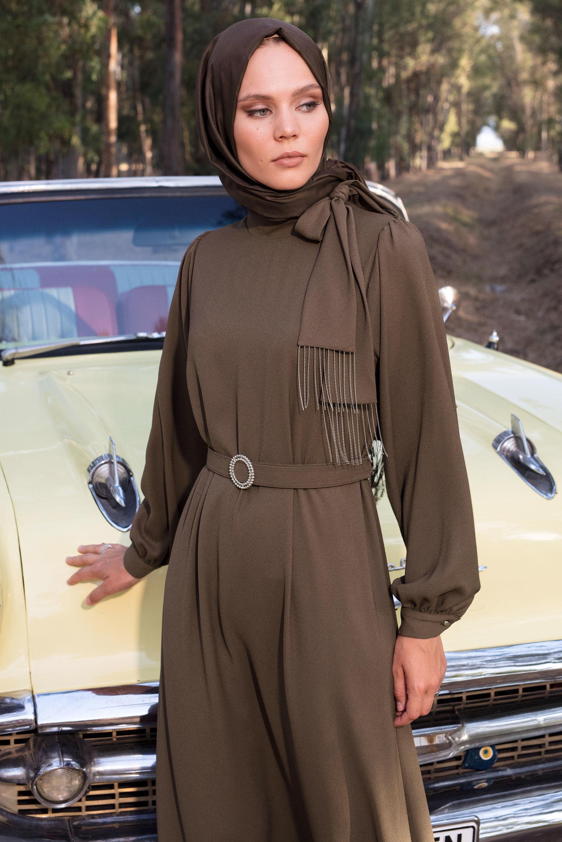 Tesettür giyim KAHVE KEMERLİ KREP ELBİSE 44167