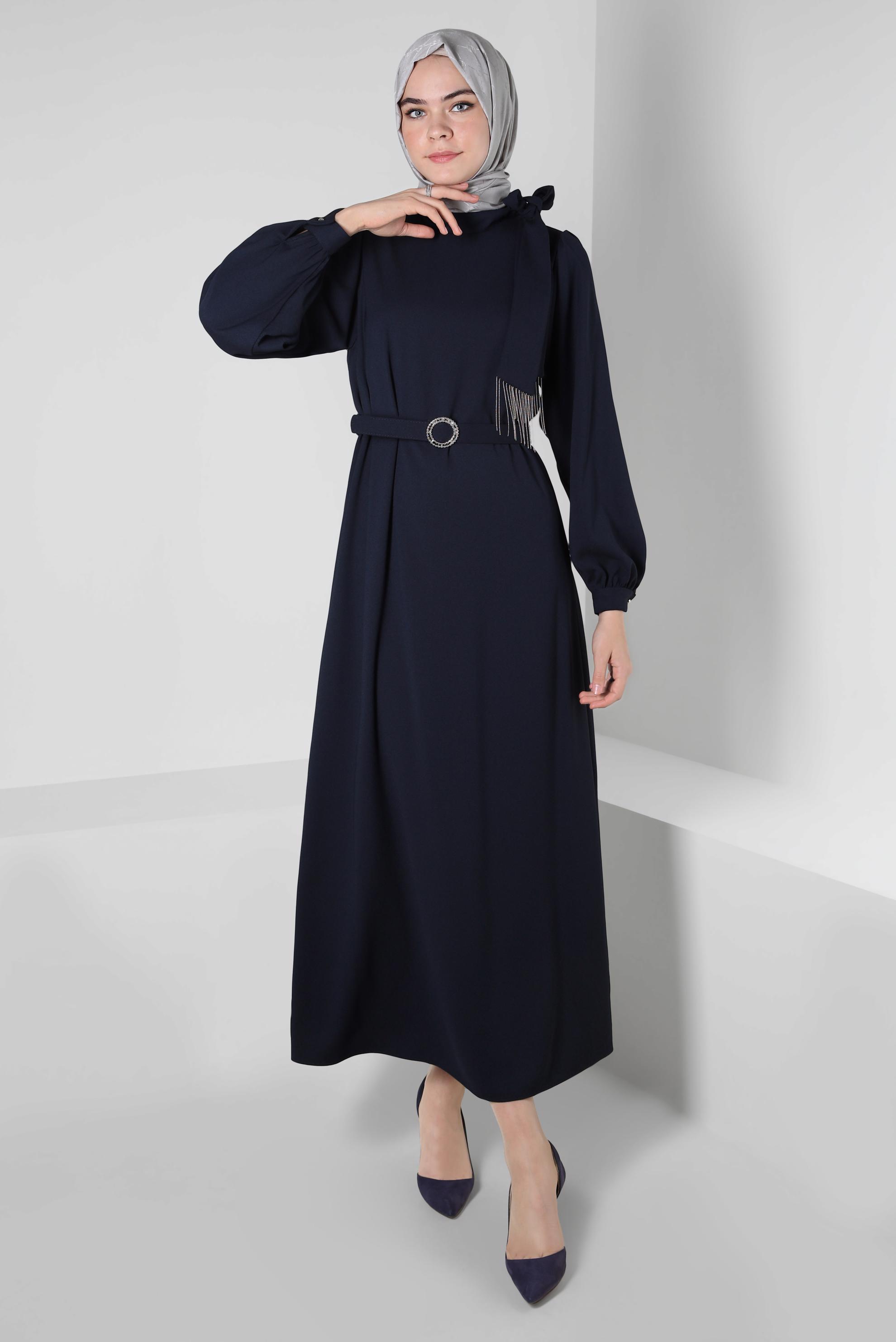 Tesettür giyim LACİVERT KEMERLİ KREP ELBİSE 44167