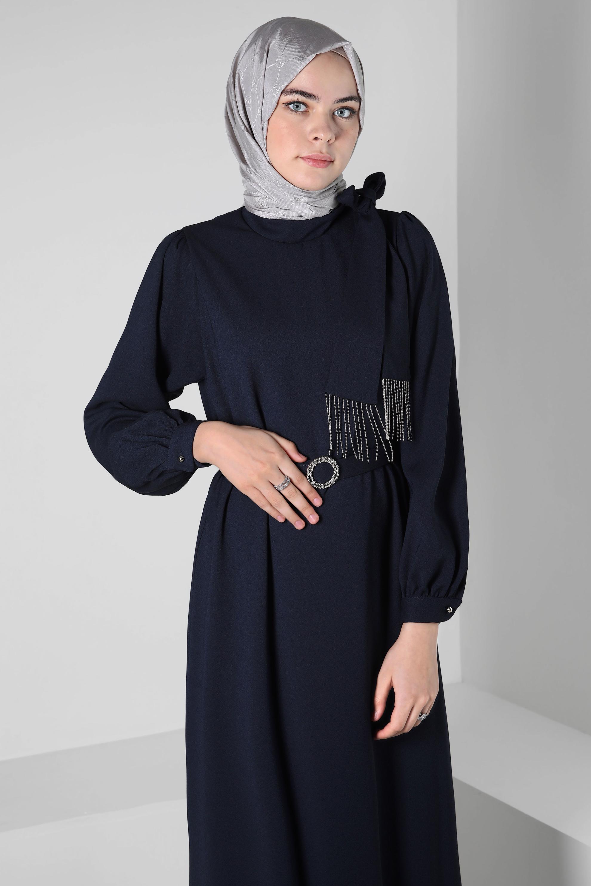 Tesettür giyim LACİVERT KEMERLİ KREP ELBİSE 44167