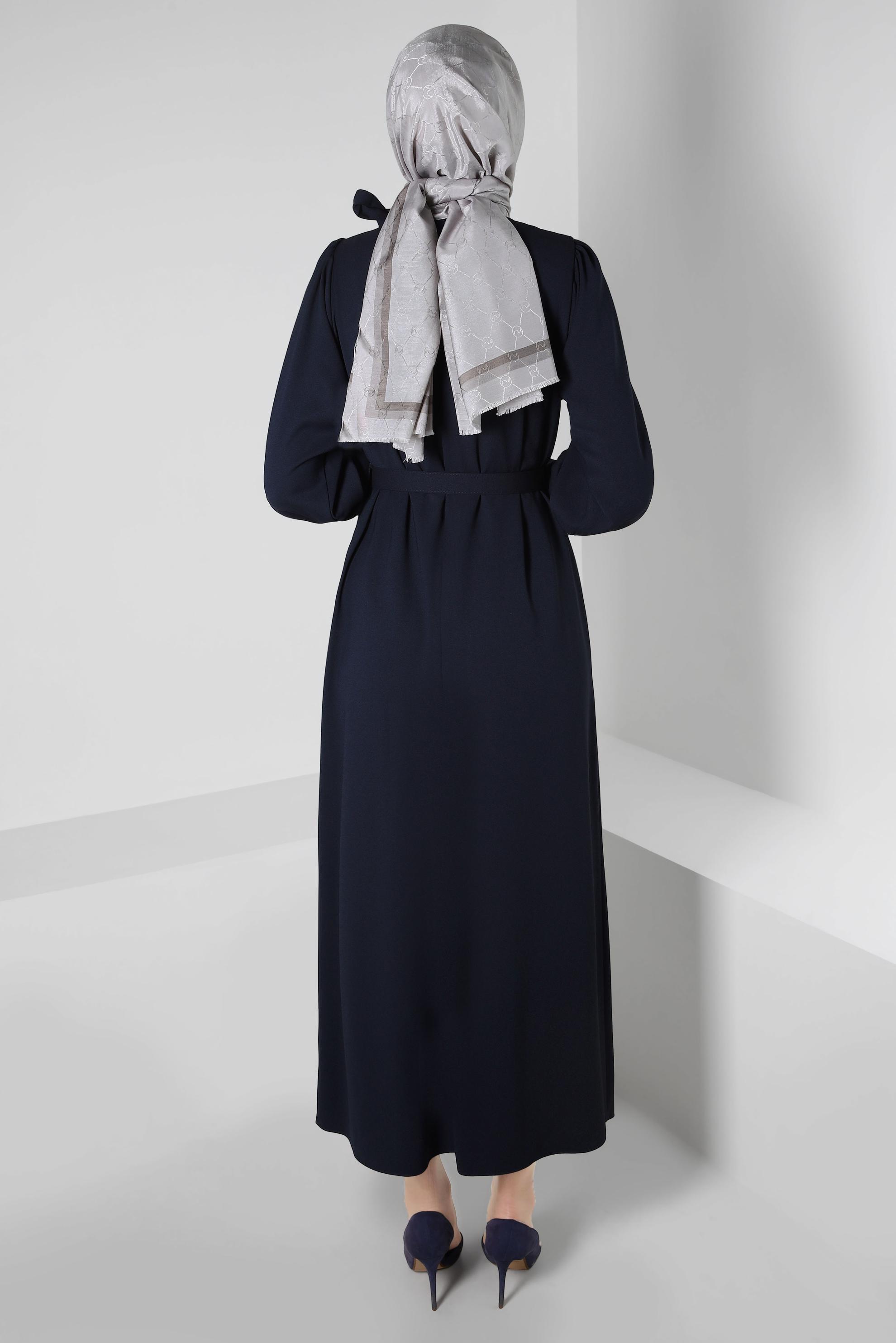 Tesettür giyim LACİVERT KEMERLİ KREP ELBİSE 44167