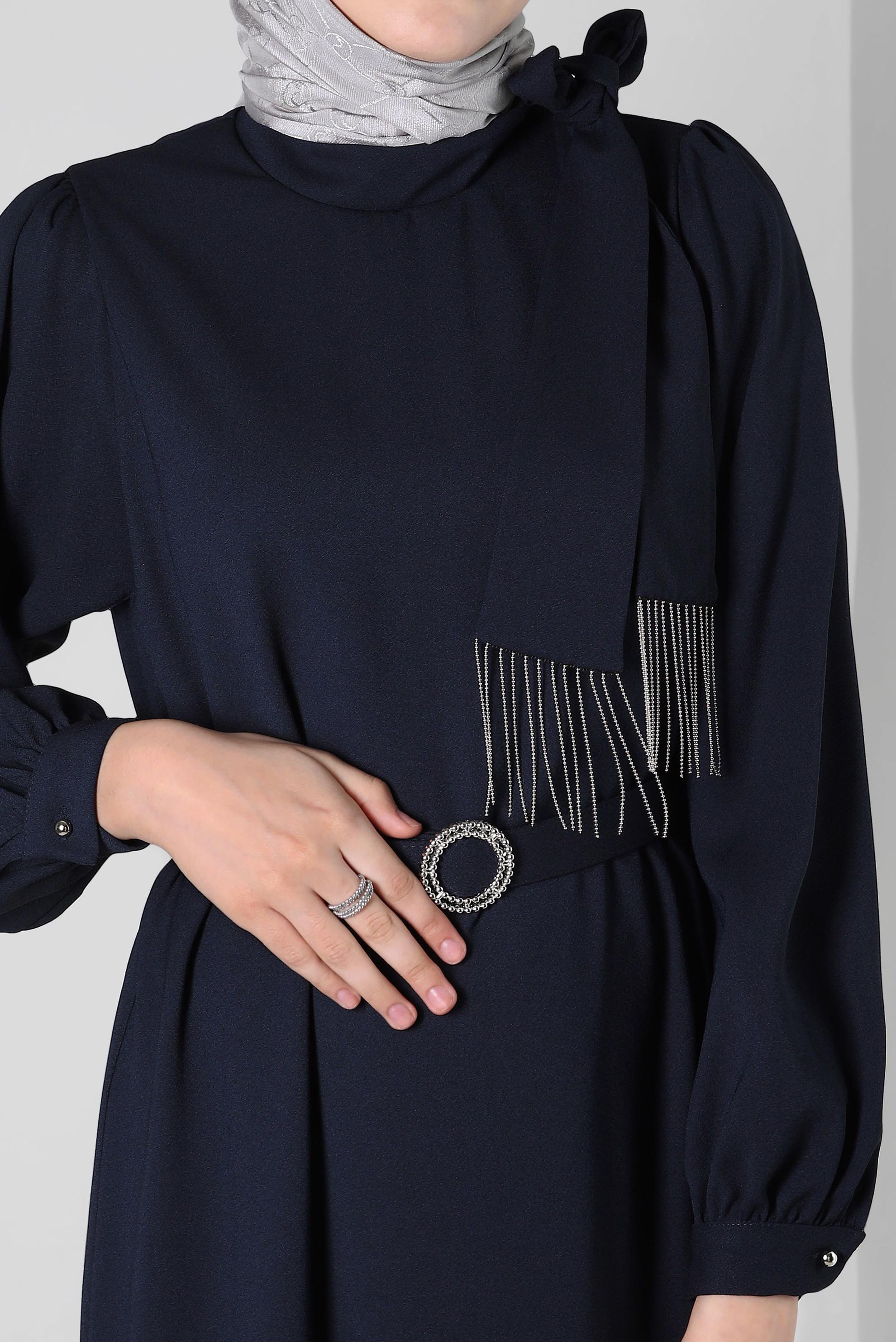 Tesettür giyim LACİVERT KEMERLİ KREP ELBİSE 44167