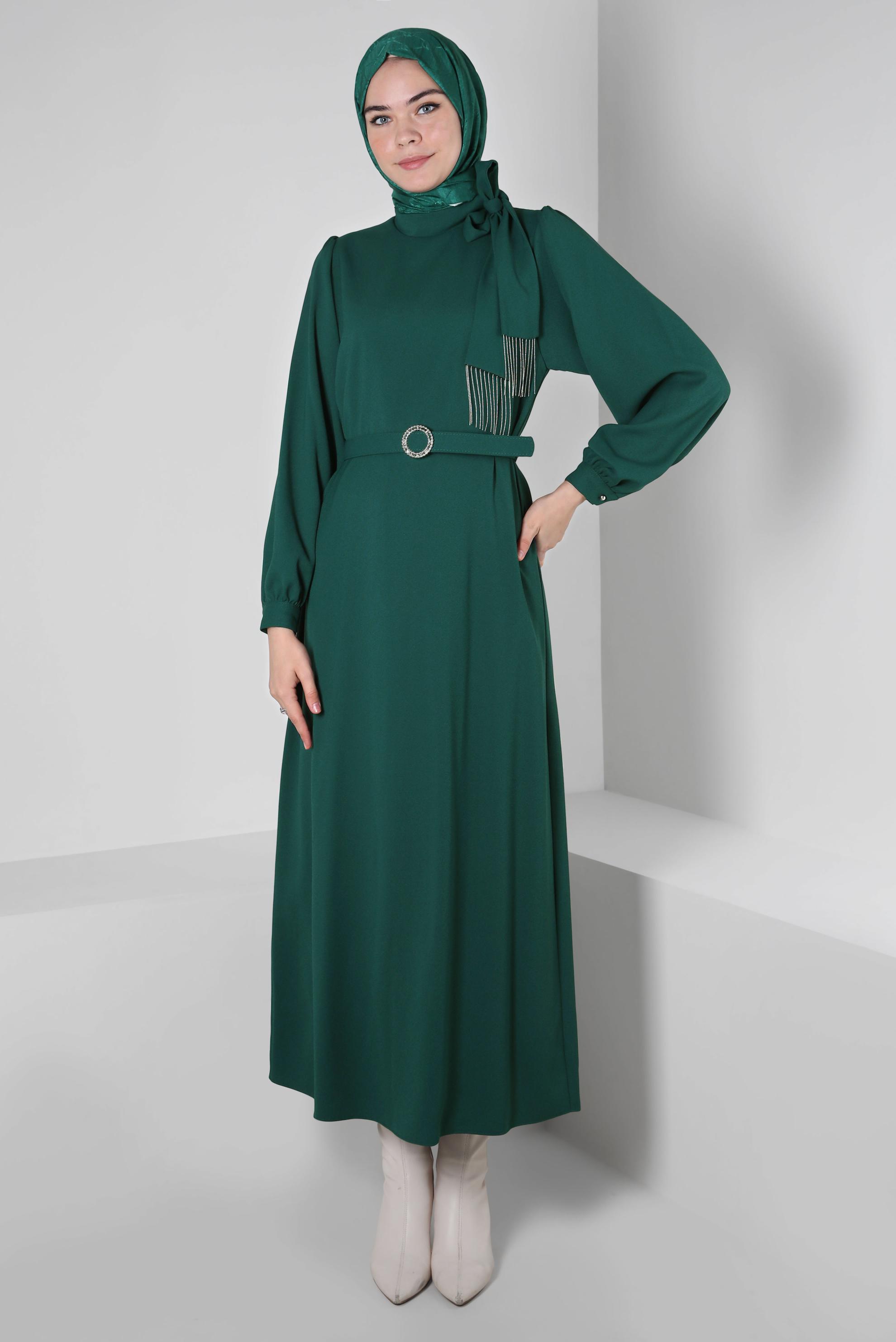 Tesettür giyim YEŞİL KEMERLİ KREP ELBİSE 44167