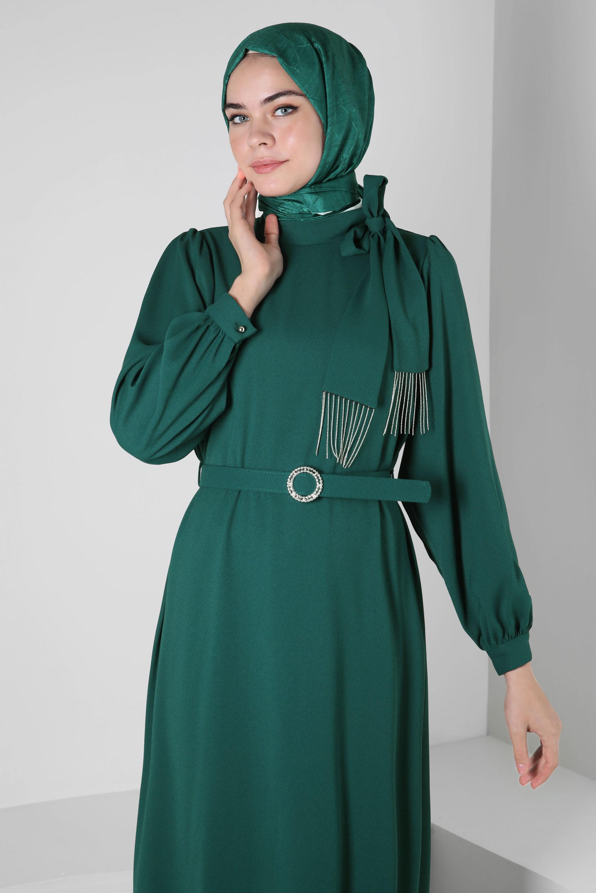 Tesettür giyim YEŞİL KEMERLİ KREP ELBİSE 44167