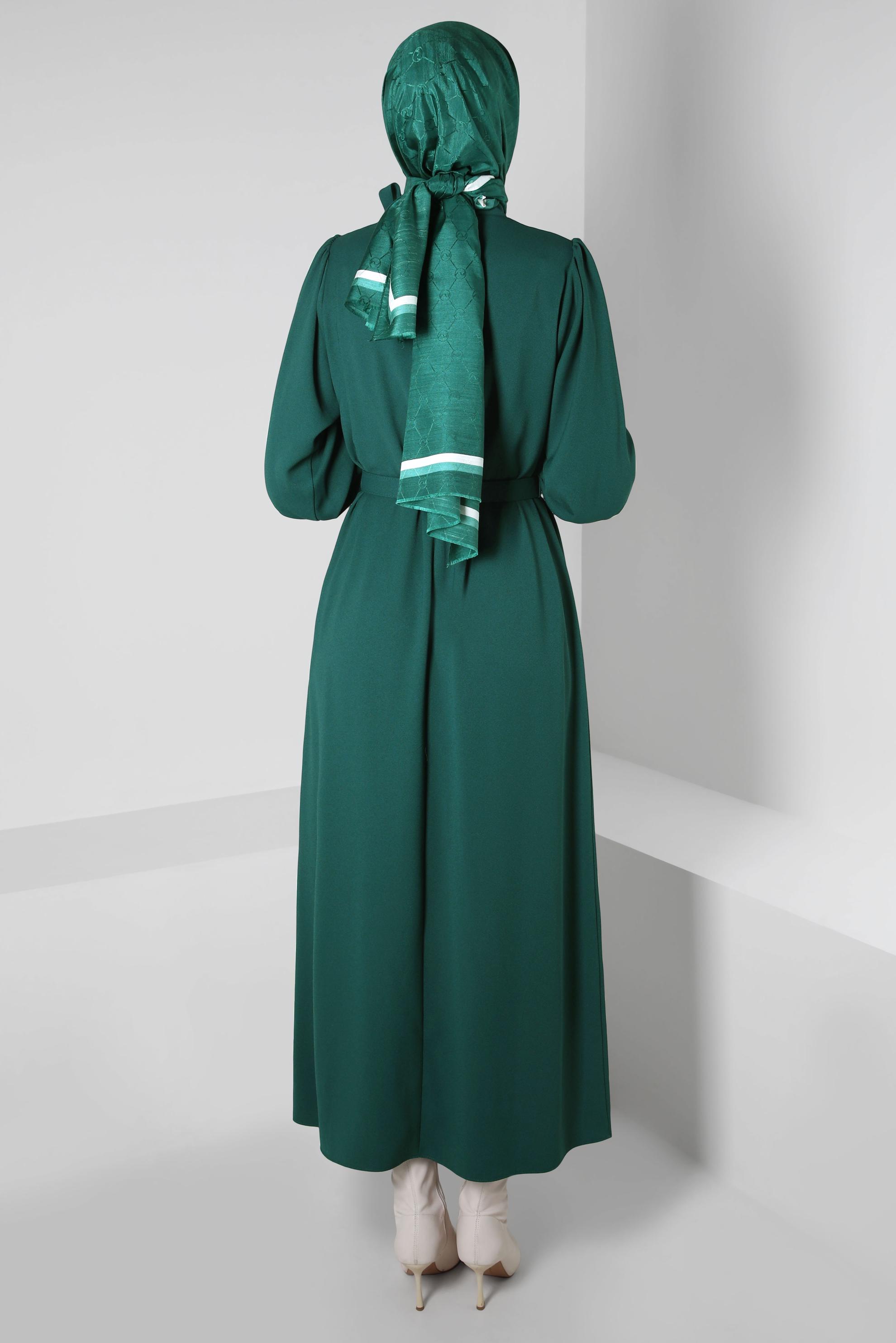 Tesettür giyim YEŞİL KEMERLİ KREP ELBİSE 44167
