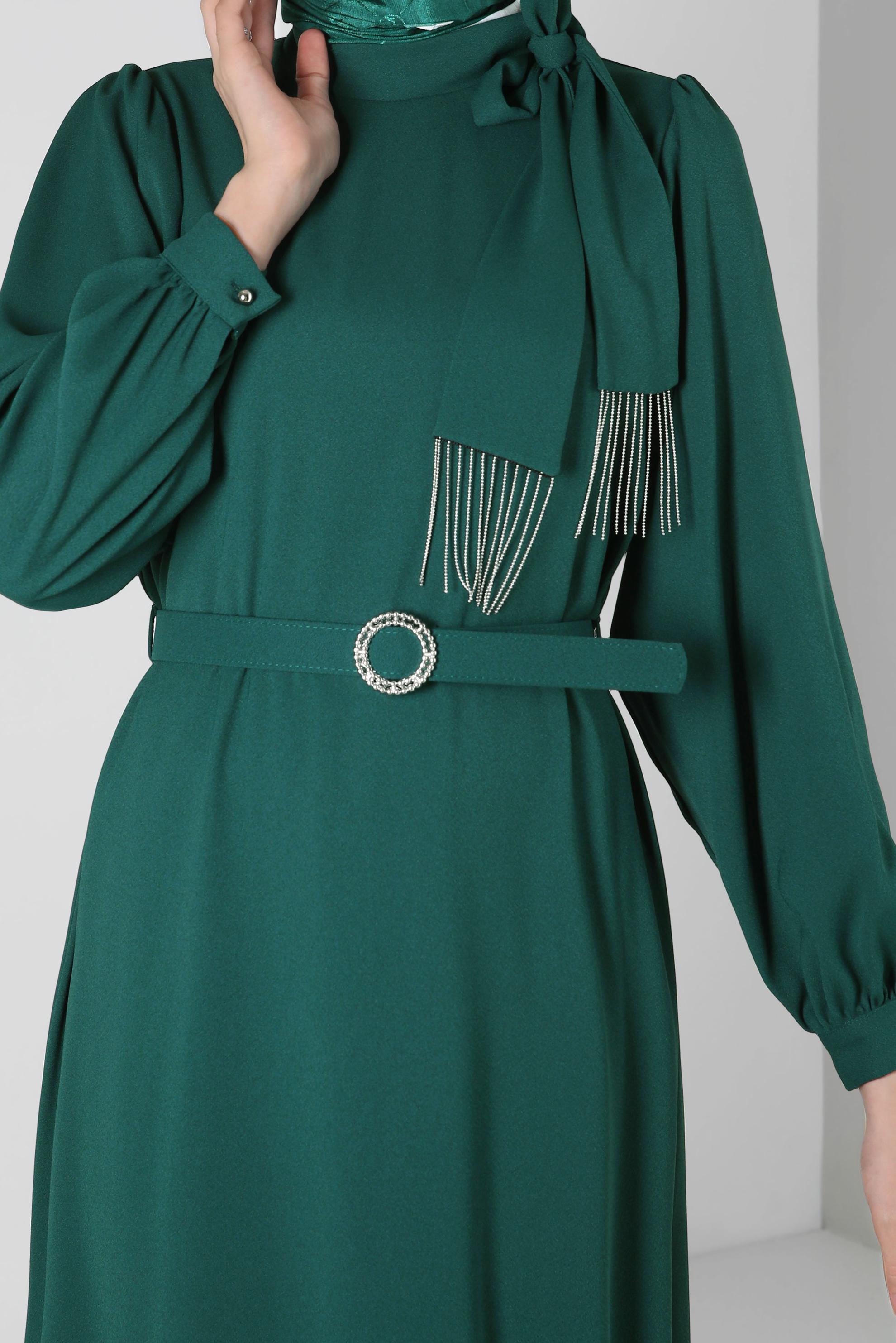 Tesettür giyim YEŞİL KEMERLİ KREP ELBİSE 44167