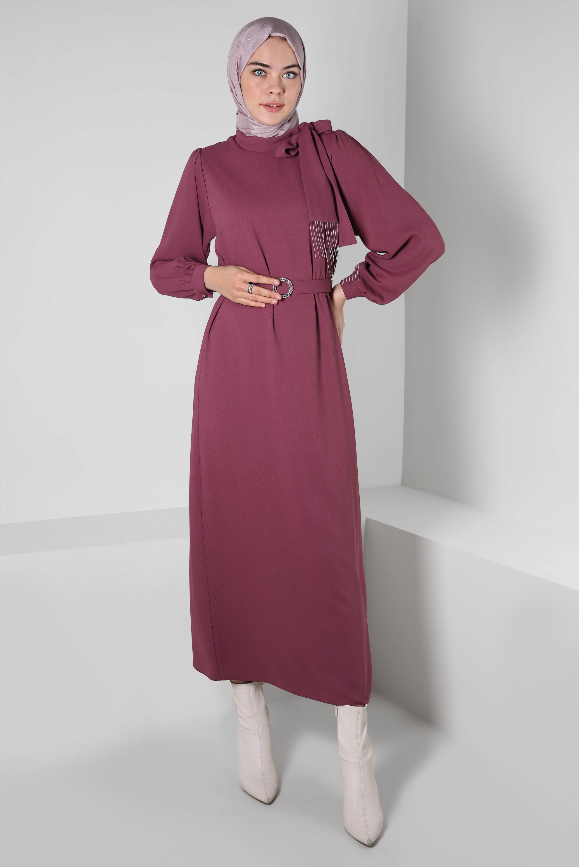 Tesettür giyim PEMBE KEMERLİ KREP ELBİSE 44167