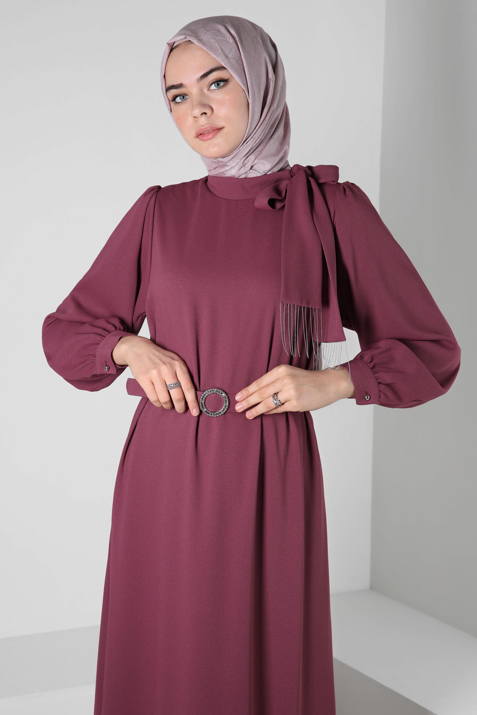 Tesettür giyim PEMBE KEMERLİ KREP ELBİSE 44167
