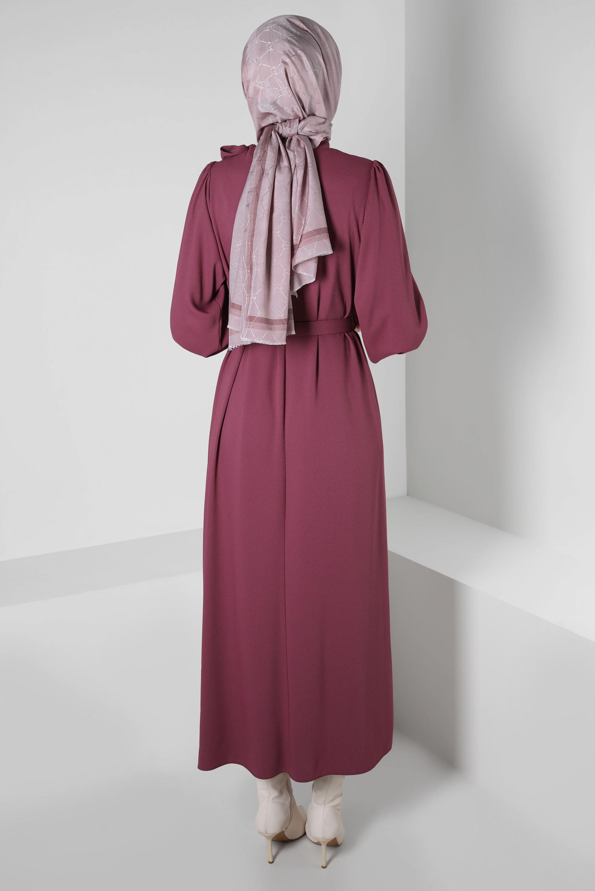 Tesettür giyim PEMBE KEMERLİ KREP ELBİSE 44167